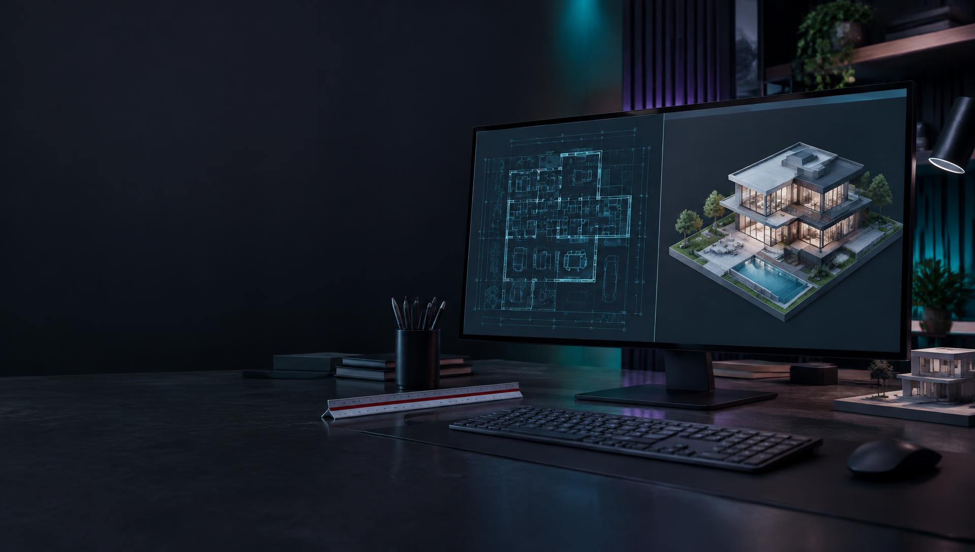 Estação de trabalho exibindo uma planta 2D e um projeto residencial 3D